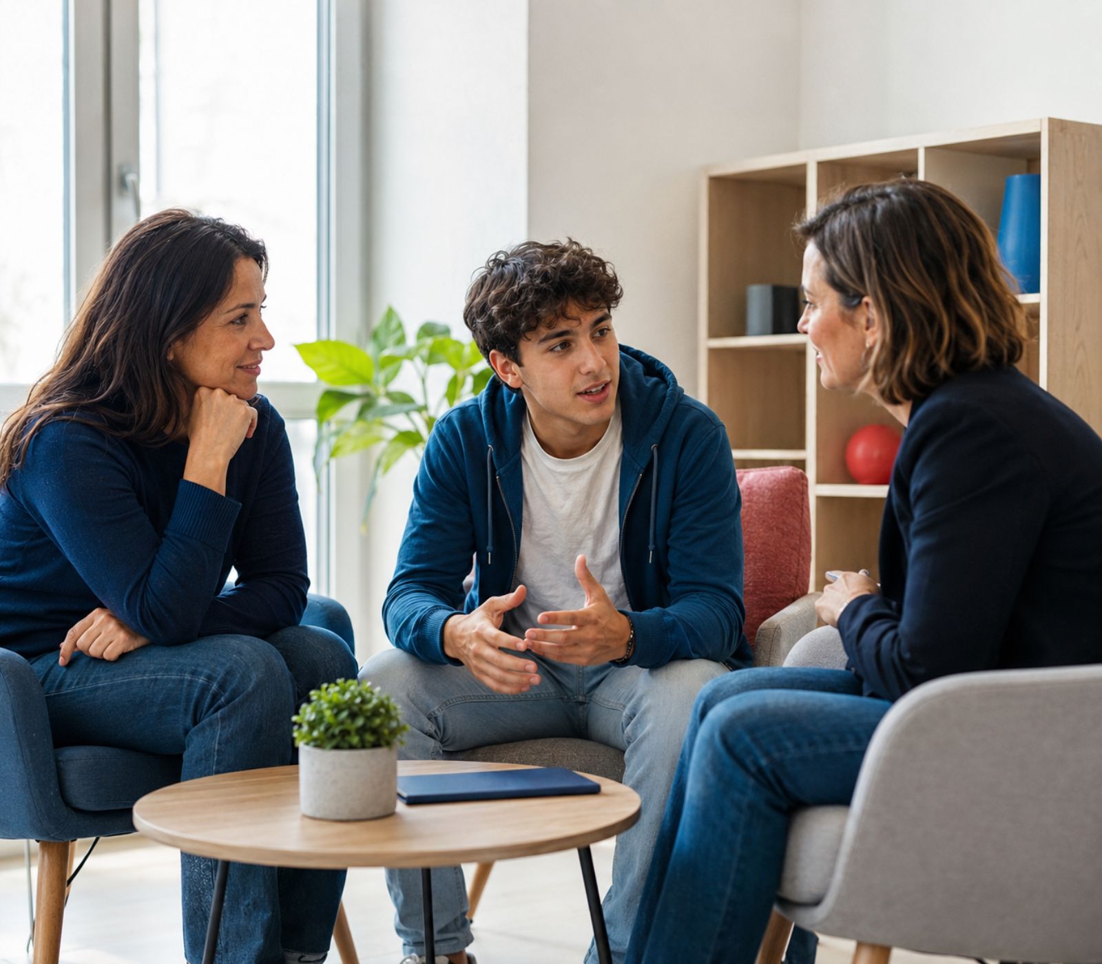 Dialogo tra un giovane, un familiare e un professionista